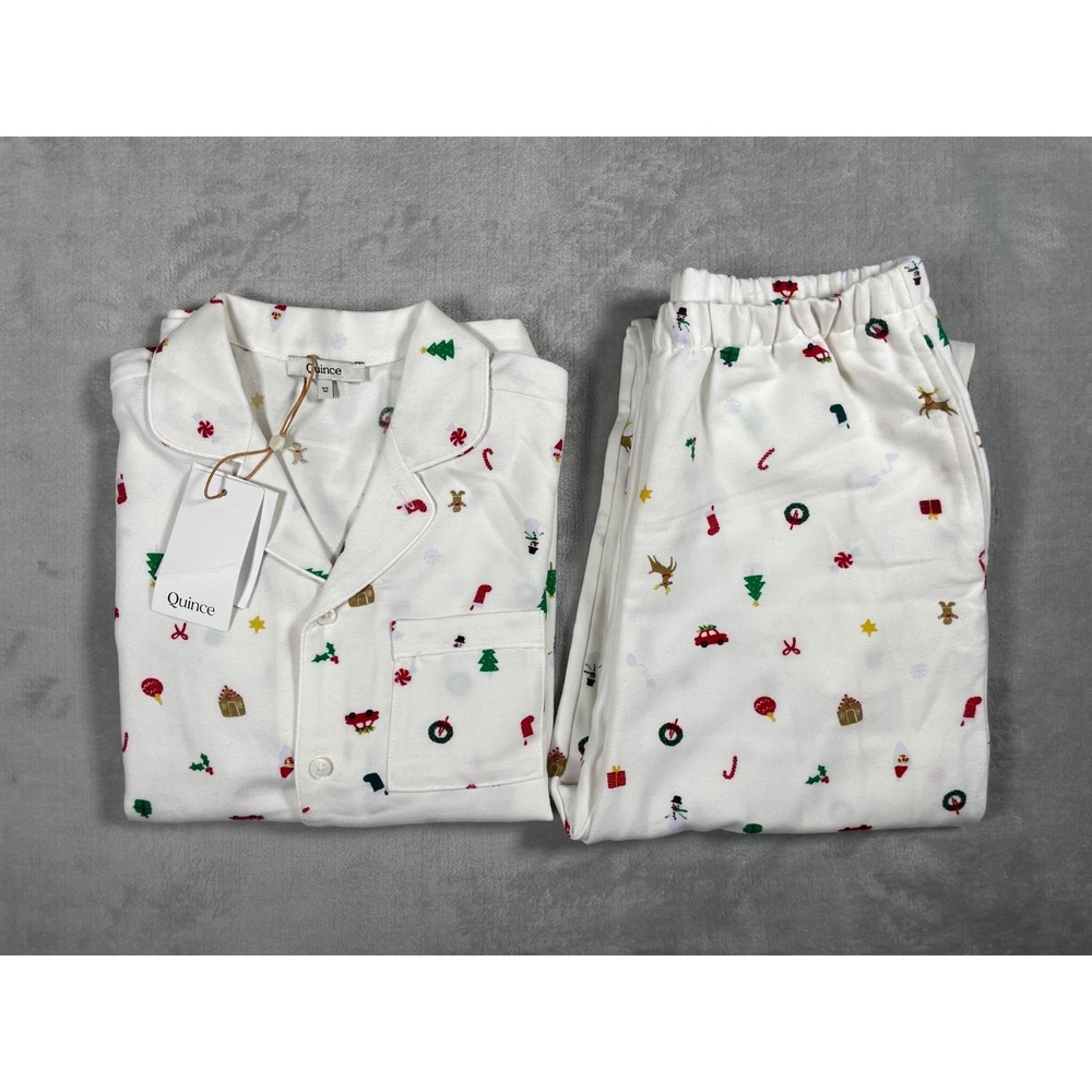 Quince Pajama Set Kids 12 White Christmas Holiday Print Button Up Sleepwear